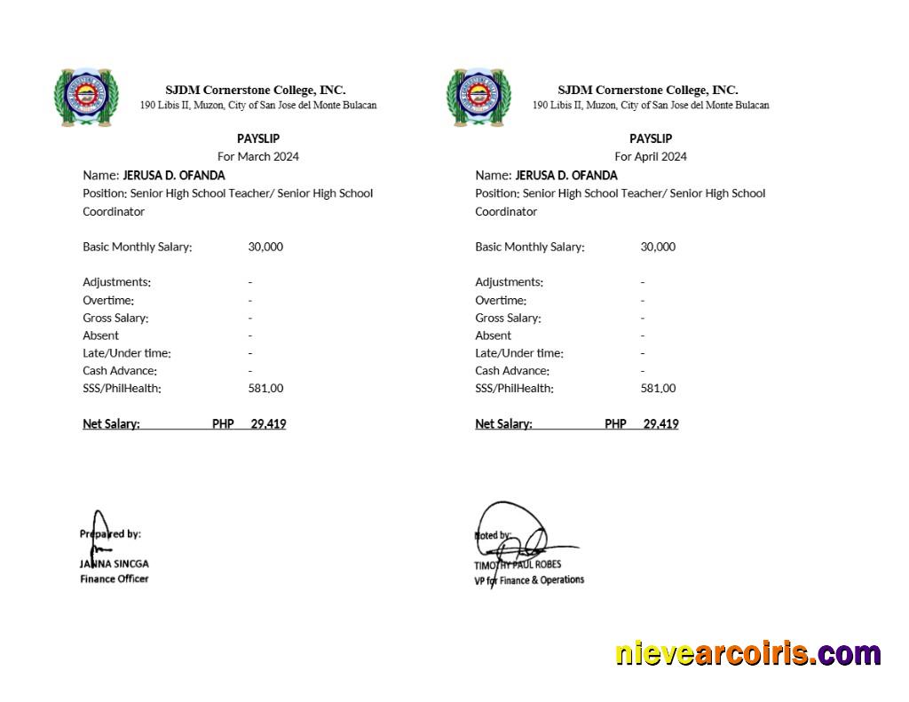 SJDM Cornerstone College payslip